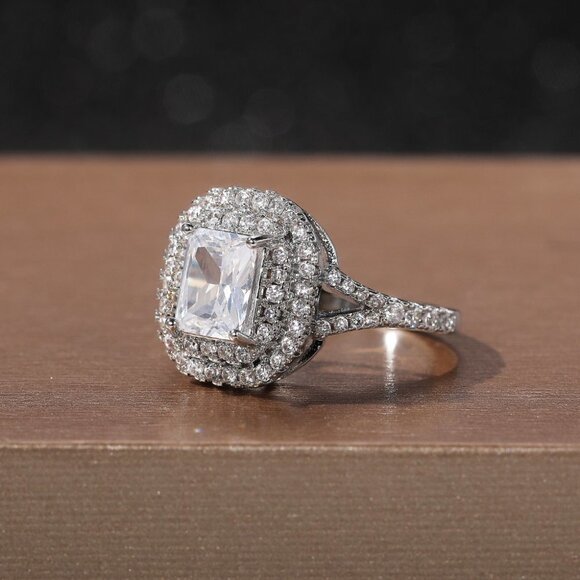 🔥DOUBLE LAYER 14K WHITE GOLD RADIANT CUT PURE CZ LUXURY WEDDING RING, K856 - Picture 2 of 6